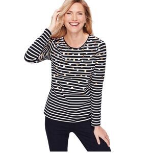 Talbots Women Striped Metallic Silver Gold Polka Dot Long Sleeve Cotton Top Med